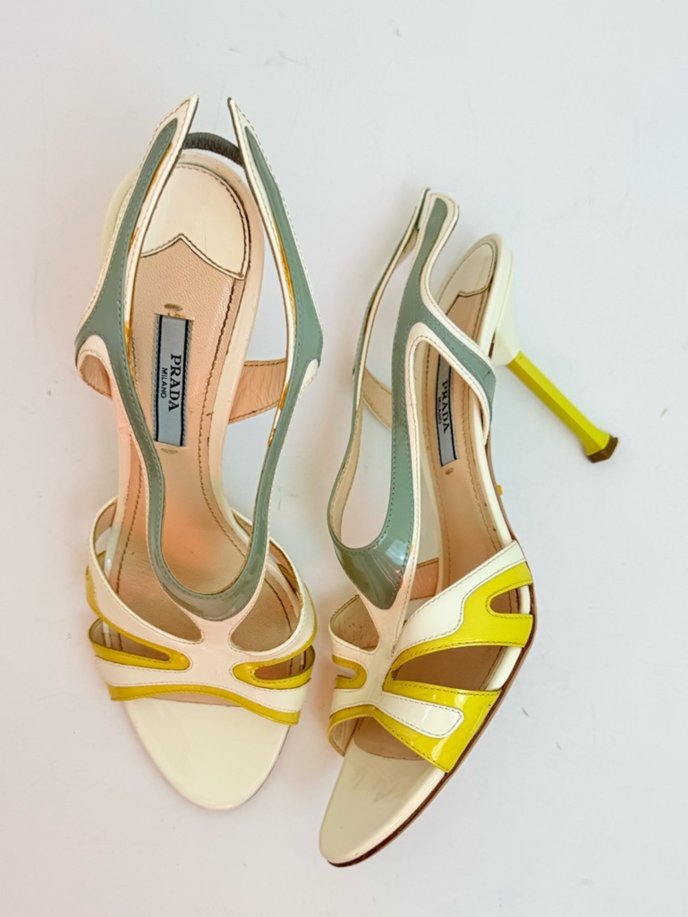 Prada 2012 Hot Rod Flame Patent Cutout Slingback Heels 38 Ivory Yellow Sage - Picture 2 of 13